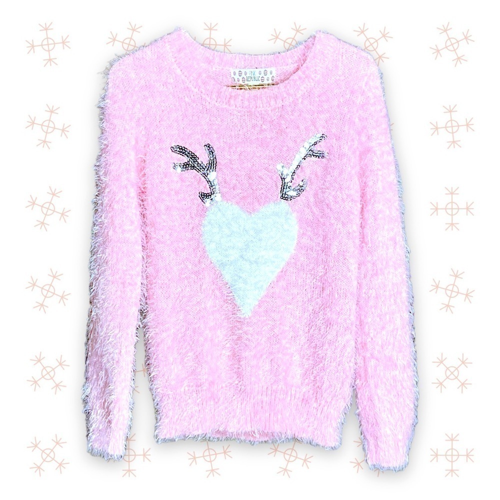 Pink Republic Eyelash Sweater Reindeer Heart Girl’s Pink Ugly Christmas Size 14